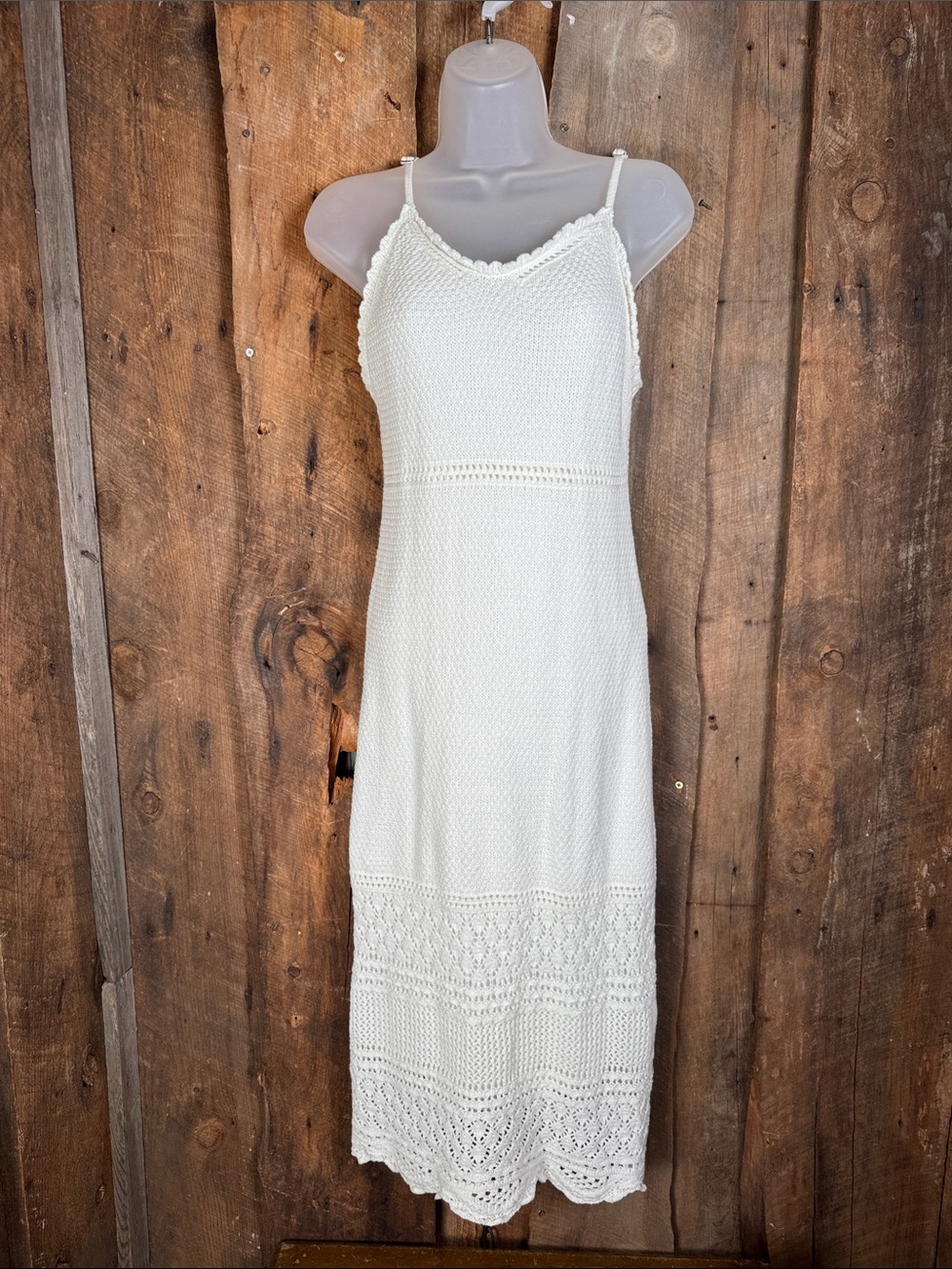 Freshman 1996 White Crochet Knit adjustable Spaghetti Strap Midi Dress